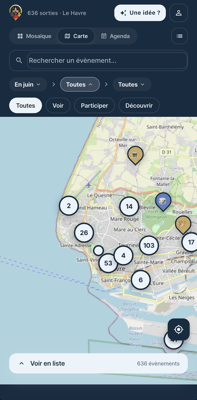 Vue Carte de l'application Avoirici : les sorties autour de vous, à Le Havre